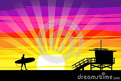 Surfer Walking into the Sunset on Venice Beach, Los Angeles, Cal Vector Illustration