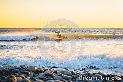 Surfer on wave at warm sunset. Surfing in ocean Stock Photo