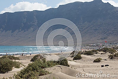 Surfers beach Famara always has a red flag. Editorial Stock Photo