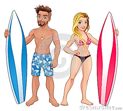 Surfers boy and girl Vector Illustration