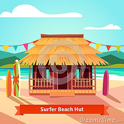 Surfers lagoon beach hut with standing surfboards Vector Illustration