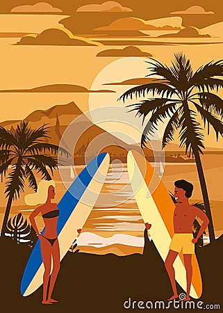 Surfers man and woman couple on the beach, sunset, coast, palm trees. Get ready to surf. Resort, tropics, sea, ocean Vector Illustration