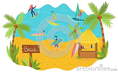 Surfers on ocean beach enjoy summer vacation, people active leisure, vector illustration Vector Illustration