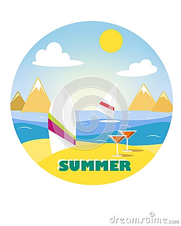 Surf board in the sand on the beach with mountains Vector Illustration