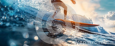 Surfing Adventure: Men Riding Waves with Sunlit Splashes. Concept of sport, travel, extreme, people, vacation, beach. Stock Photo