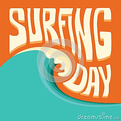 Surfing background with big ocean wave and text Vector Illustration