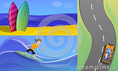 Surfing banner set, cartoon style Vector Illustration