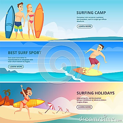 Surfing banners illustrations. Surfers people Vector design templates Vector Illustration