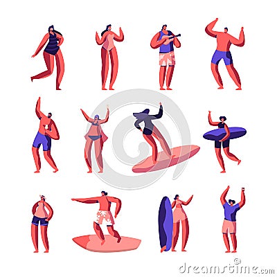 Surfing and Beach Party Male Female Characters Set. Men and Women in Swimming Suits Riding Surf Boards, Drinking Cocktails Vector Illustration
