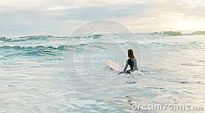 Surfing, beach and woman on surfboard in ocean for water sports, fitness and freedom in morning. Nature, travel and Stock Photo