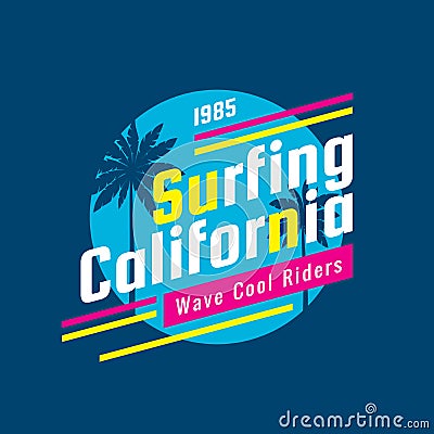 Surfing California - concept logo badge vector illustration for t-shirt, print, poster, brochure. Summer, palms, surf. Tropical Vector Illustration