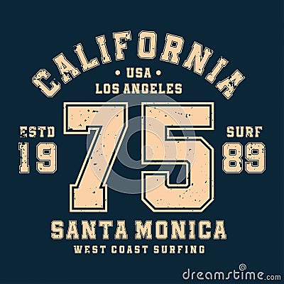 Surfing, California t-shirt design, badge for athletic shirt print. Varsity style t-shirt graphics Vector Illustration