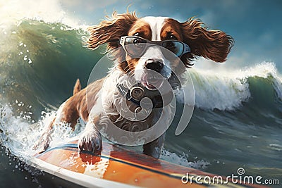 Surfing Canine with Stylish Shades on a Longboard, Generative Ai Stock Photo