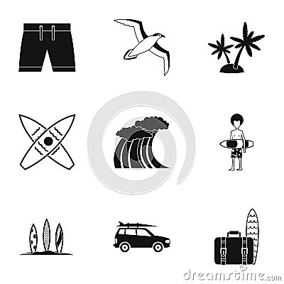 Surfing club icons set, simple style Vector Illustration