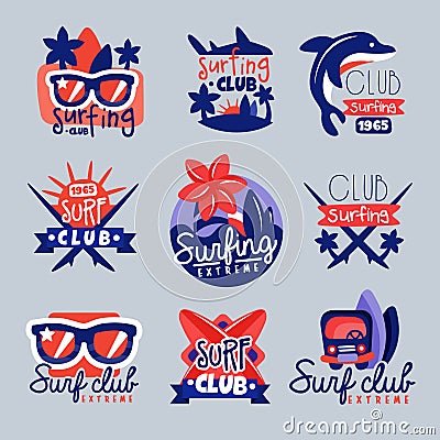 Surfing club logo templates set, surf club emblem, windsurfing badge collection Vector Illustration
