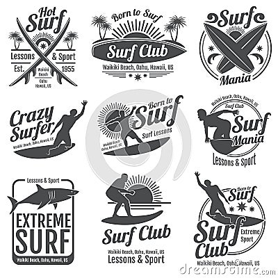 Surfing club vector vintage emblems. Surf board on wave signs Vector Illustration