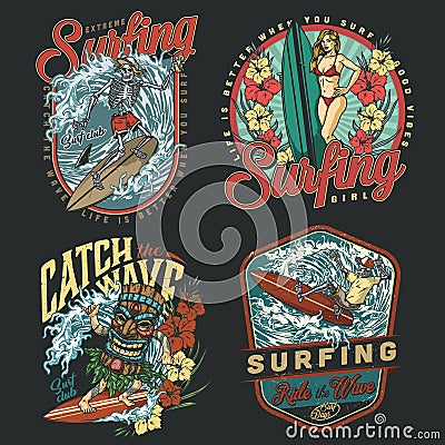 Surfing club vintage colorful emblems Vector Illustration