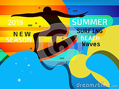 Surfing colorful poster in modern style for surf club, beach or shop. Vector Illustration