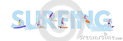 Surfing flat vector illustration with lettering Vector Illustration