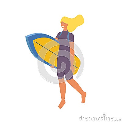 Surfing girl isometric with surfboard. Vector blond character isolated on white in swimsuit Stock Photo