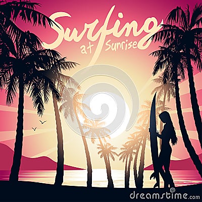 Surfing girl at Sunrise with a surf board Vector Illustration