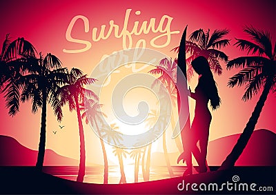 Surfing girl and sunrise at a tropical beach Vector Illustration