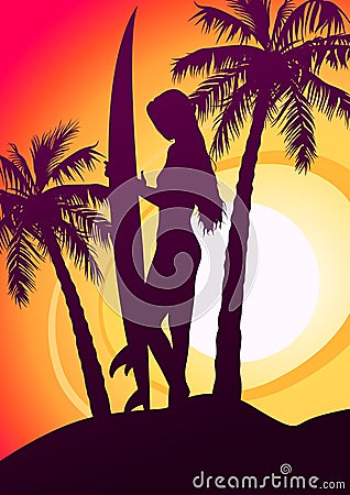 Surfing girl with surfboard and palm trees Vector Illustration