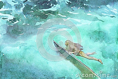 Surfing girl underwater watercolor Cartoon Illustration