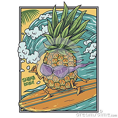 Surfing hawaii pineapple on surf bord for print Vector Illustration