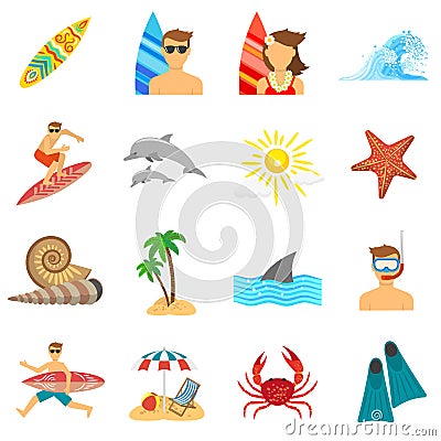 Surfing Icons Flat Set Vector Illustration