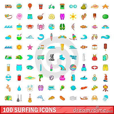 100 surfing icons set, cartoon style Vector Illustration