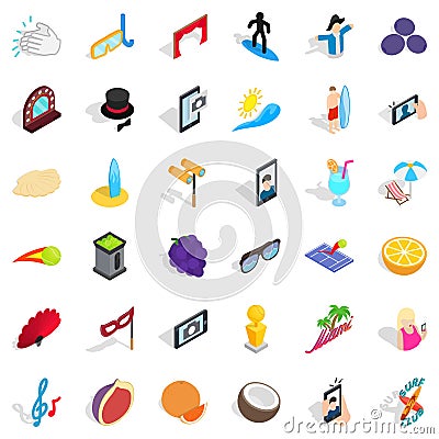 Surfing icons set, isometric style Vector Illustration