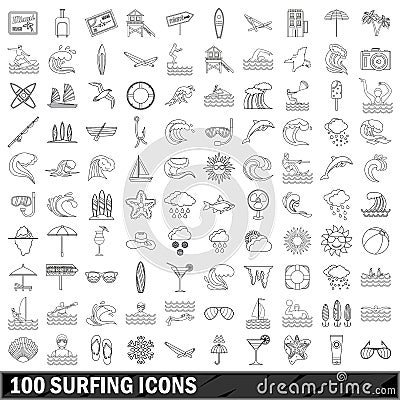 100 surfing icons set, outline style Vector Illustration