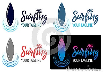Surfing logo for Surf Club or shop. lettering emblem of Surf club with surfing board palm tree background Vector Illustration