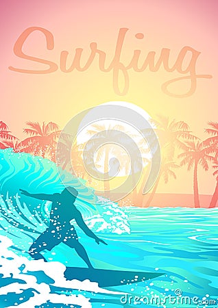 Surfing male at sunrise with palm trees Vector Illustration