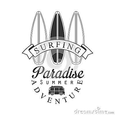 Surfing paradise summer adventure logo template, black and white vector Illustration Vector Illustration