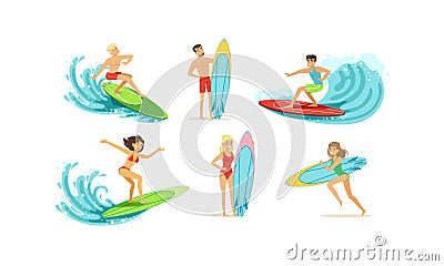 Surfing People Collection, Male and Female Surfers in Swimwear Riding Waves Vector Illustration Vector Illustration