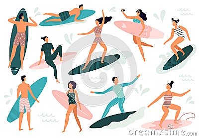 Surfing people. Surfer standing on surf board, surfers on beach and summer wave riders surfboards vector illustration set Cartoon Illustration