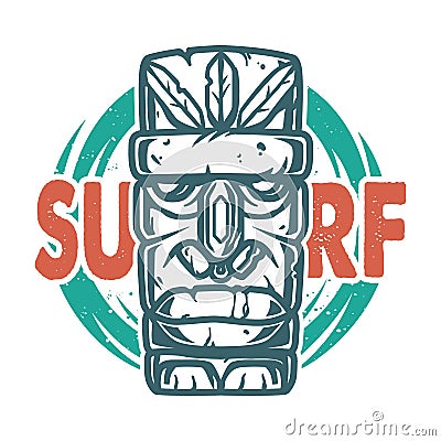 Surfing print of stone tiki mask, face idol Vector Illustration
