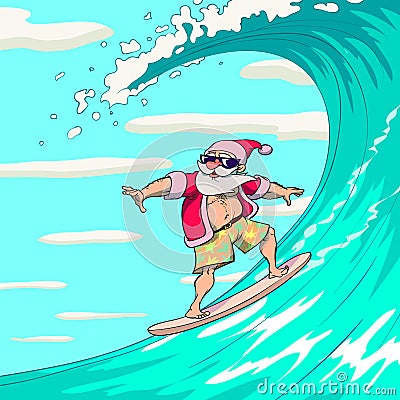 Surfing Santa Claus Vector Illustration