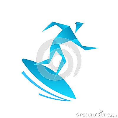 Surfing school. Man on a surfboard. Origami style. Caught a wave. Icon or logo. Flat vector. Vector Illustration