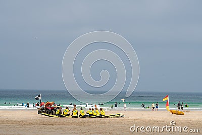 Surfing school meeting on a beach Editorial Stock Photo