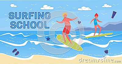 Surfing School Vector Banner with Happy Surfers Vector Illustration