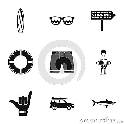 Surfing in sea icons set, simple style Vector Illustration