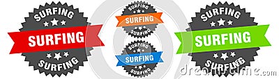 surfing sign. round ribbon label set. Seal Vector Illustration
