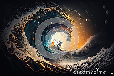 Surfing in the space Cartoon Illustration