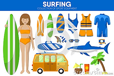 Surfing sport equipment surfer surfboard garment clothing accessory vector icons set Vector Illustration