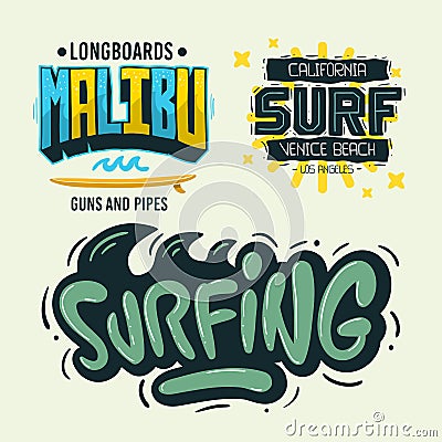 Surfing Style Surf Summer Time Beach Life Hand Lettering Vector Illustrations Set Designs. Vector Illustration