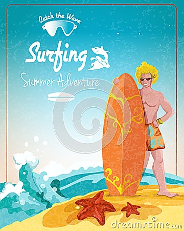 Surfing summer adventure poster Vector Illustration