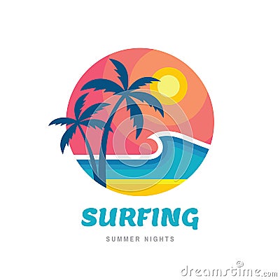 Surfing summer nights - concept business logo vector illustration in flat style. Tropical holiday paradise creative logo. Palms, Vector Illustration